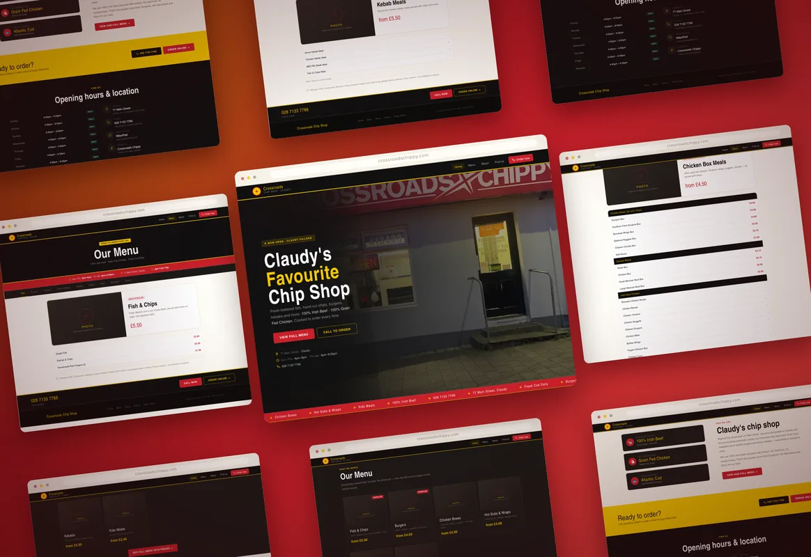 Crossroads Chippy — website screens laid out on a red background