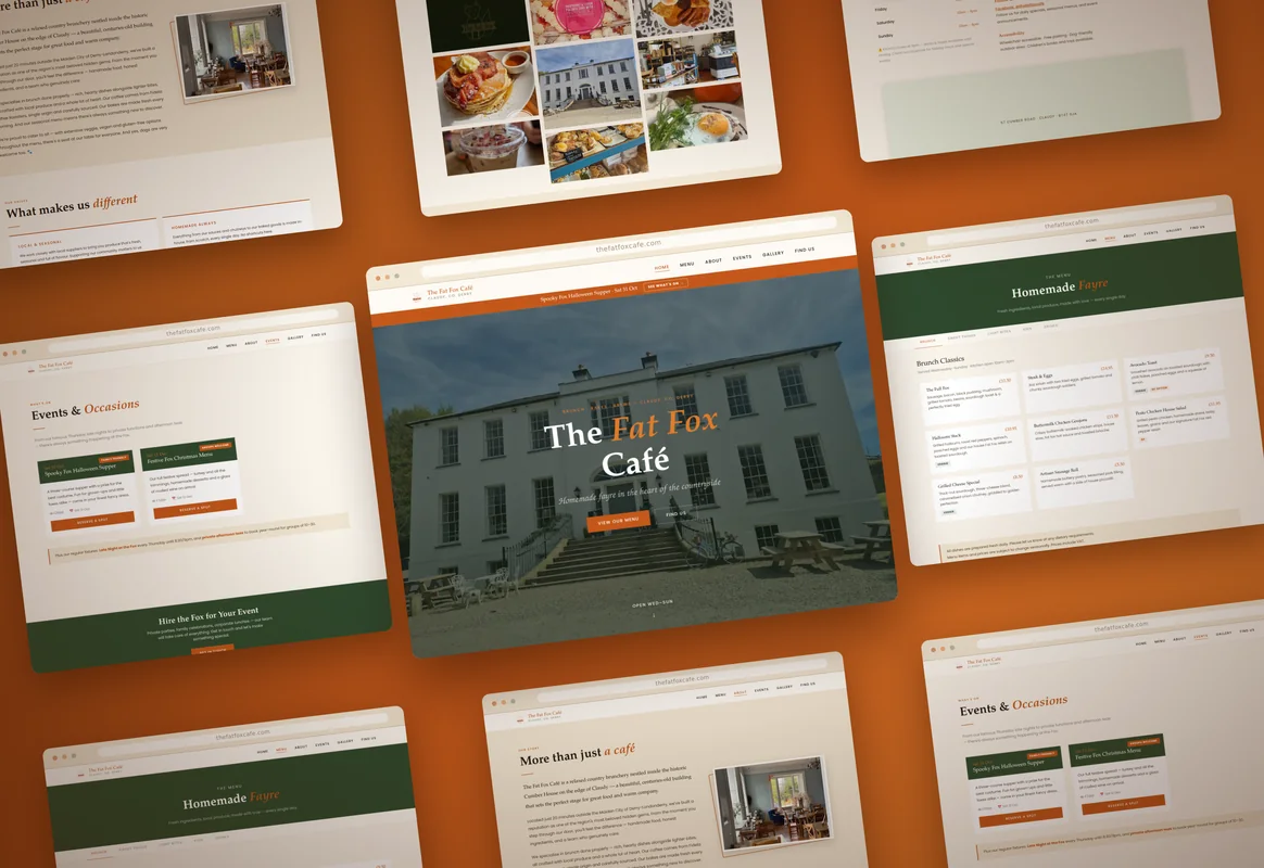 The Fat Fox Café — website screens laid out on an orange background
